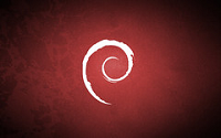 Ilustración con el logotipo de Debian en blanco sobre un fondo con un patrón rojizo
