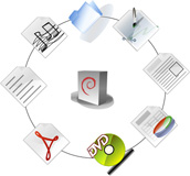 Ilustración en la que se ve en el centro de una circunferencia una figura de un paquete con el logotipo de Debian y en el arco de la circunferencia 8 figuras similares a iconos de ficheros inclinadas hacia la izquierda representando distintos tipos de archivos: sonido, texto plano, pdf , dvd, hoja de cálculo, texto con formato y maquetación, imagen y carpeta.