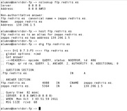 Ilustración que recoge la ejecución de los comandos: nslookup ftp.rediris.es; host ftp.rediris.es;  dig ftp.rediris.es.