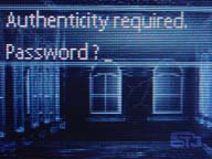 Ilsutración que muestra la imagen de una casa, color tipo negativo de una foto,  al fondo y en primer plano el texto: Authenticity required Password?