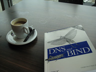 Ilustración en la que se ve a la izquierda un café en un pocillo y a la derecha un libro, en cuya portada se puede leer: DNS and BIND.