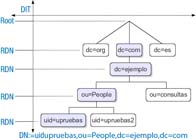 Ilustración en la que aparece representado un árbol DIT, donde en cada nivel del árbol aparece la palabra RDN, hasta llegar finalmente al DN representado: