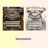 Ilustración en la que hay una foto de una máquina de escribir antigua a la izquierda y la misma foto con efecto de pintura a carboncillo a la derecha, acompañadas del texto "Representación".