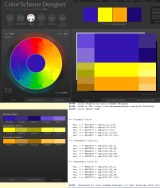 Los colores. Ilustración que muestra dos copias de pantalla de una aplicación web que permite seleccionar colores e identificarlos mediante su código. La parte superior de la imagen muestra la ventana en la que el usuario realiza la selección de colores escogiendo en una rueda de color el color principal. También le permite hacer diferentes tipos de selección en unas pequeñas ruedas de color blanco situadas encima de la rueda de color y, en su parte derecha se obtiene un mosaico de los colores seleccionados. En la parte inferior-izquierda de la imagen se puede una copia de la ventana de esta misma aplicación que muestra cada uno de los colores del mosaico anterior en un rectángulo independiente acompañado del código hexadecimal del color y, por último, en la parte inferior-derecha de la imagen se puede ver una copia de pantalla de otra ventana de la aplicación resultado de exportar a texto los códigos de colores seleccionados. En esta última ventana cada línea de texto contiene el código hexadecimal y el decimal en modo RGB (rojo, verde y azul) de cada uno de los colores del mosaico.