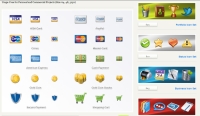 Iconografía. Ilustración en la que se pueden ver un conjunto de iconos. En la parte izquierda de la imagen están agrupados los iconos de ámbito comercial. Cada icono se muestra en tres tamaños diferentes y van acompañados de un texto descriptivo. Así en la primera fila, están a la izquierda los icono de Visa y, a la derecha los de PayPal, en la segunda línea están a la izquierda los de Cirrus y a la derecha los de Master Card, en la tercera línea están a la izquierda los de American Express y a la derecha los de Cash Payment, en la cuarta línea están a la izquierda los de Gold Coind y a la derecha los de Gold Coin Stacks, en la quinta línea están a la izquierda los de Secure Payment y a la derecha los de Shopping Cart. En la parte derecha de la imagen hay cuatro grupos de iconos cada uno cuales está acompañado de un texto descriptivo general y del precio en dólares del grupo.