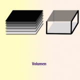 Ilustración 3n la que se ven dos dibujos acompañados del texto "Volumen". El dibujo de la izquierda son una serie de planos paralelos dispuestas horizontalmente en perspectiva con una reducción gradual de intensidad de color. El plano superior es de color negro y el plano inferior es de color blanco. Se intenta de esta manera, representar el movimiento vertical  del plano para formar un volumen. El dibujo de la derecha es un cubo formado por seis planos que está puesto en perspectiva. El plano de la cara superior del cubo es de color gris oscuro. La cara inferior del cubo es de color gris claro. Las aristas izquierda e inferior de la cara frontal del cubo y las de la cara derecha son de color negro.