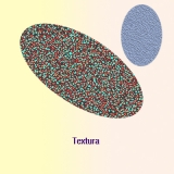 Ilustración en la que se pueden ver dos figuras de tamaño, color y textura diferente acompañadas del texto "Textura". Las dos figuras son elipses inclinadas de forma distinta. La más grande, de varios colores: rojo, azul celeste y marrón oscuro, tiene la apariencia del granito. La más pequeña, de color azul tiene el aspecto de la piel vista desde muy cerca o de una huella digital.