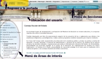 Ilsutración en la que se puede ver la página correspondiente al Consejo General del estado perteneciente al antiguo sitio del Ministerio de Educación y Ciencia. En ellas están rodeadas de una elipse y señaladas mediante unas flechas de color azul oscuro y acompañadas de un texto descriptivo las diferentes zonas de navegación que contiene dicha página: el Elemento de regreso a la portada, el Menú de secciones y/o áreas de interés y la Información sobre la ubicación del usuario dentro del sitio Web.
