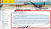Ilustración en la que se puede ver la página correspondiente al Consejo General del estado perteneciente al antiguo sitio del Ministerio de Educación y Ciencia. En ellas están rodeadas de elipses que están dentro de un rectángulo rojo y, señaladas mediante unas flechas de color azul oscuro y acompañadas de un texto descriptivo, los elementos propios de la zona de contenidos: Título y contenido. También se pueden ver, en la parte superior de la imagen,  rodeadas de una elipse y señaladas mediante unas flechas de color azul oscuro y acompañadas de un texto descriptivo los elementos de interacción que presenta la página.