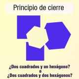 Ilustración en la que bajo el título: Principio de cierre, aparecen 3 formas de color azul acompañadas de las preguntas: ¿Dos cuadrados y un hexágono? O ¿Dos cuadrados y dos hexágonos? La forma superior izquierda es un cuadrado incompleto de color azul, la forma central derecha es un hexágono incompleto de color azul y, la forma inferior izquierda es un cuadrado incompleto de color azul. Sobre estas tres formas incompletas y con el mismo color del fondo de la imagen podemos percibir la forma de un hexágono que no está delimitado pero lo percibimos igualmente así como percibimos  las figuras completas.
