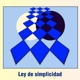 Ilustración con el título: Ley de simplicidad en el pie de la imagen, podemos un rectángulo de color azul claro en el que se encuentran dos círculos: el de la izquierda de color claro, y sobre él y a la derecha, uno de color oscuro, y, sobre ambos círculo, están 6 filas de 3 rombos cada una de color azul más oscuro que el fondo dispuestos en perspectiva: los más pequeños en la parte superior de la imagen y los más grandes en la parte inferior.