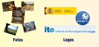 Ilustración formada por dos grandes bloques cada uno con su título en su parte inferior. El bloque de la izquierda de título: Fotos, contiene algunas fotografías que ya se han descrito en esta unidad de izquierda a derecha y de arriba a abajo son: la fotografía de lámpara y vidriera, la del rebaño de ovejas, la de la máquina de escribir, la del campo con el árbol y el estanque, y, la de la escultura de la nube o haba gigante. En el bloque de la derecha con el título: Logos están tres logotipos empleados en las páginas web: el logo de la página del Ministerio de Educación y Ciencia, el logo Sello escuela 2.0. y el logo del Instituto de Tecnologías Educativas.