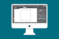 Ilustración en la que se ve el dibujo de un monitor de ordenador con el esquema de un programa de edición gráfica. En la parte izquierda se ve una barra de herramientas, en la parte central un área de dibujo en blanco con una selección rectangular, y el la parte derecha los controles de una herramienta con fondo oscuro