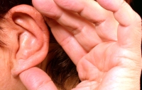 Discapacidad auditiva. Ilustración en la que se ve una parte de la cabeza de una persona con su oreja izquierda y con su mano arqueada pegada a la oreja por su parte posterior.