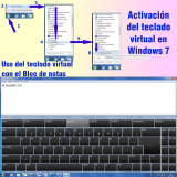 Ilustración en la que en la parte superior se pueden ver los pasos que hay que seguir para activar la lupa que viene con el Windows 7: 1. Pulsar el icono Iniciar de Windows. 2. Escoger la opción de la lista que abre todos los programas. 3. Seleccionar la carpeta Accesorios. 4. Seleccionar la carpeta Accesibilidad. 5. Desplegar la carpeta Accesibilidad  con un doble click. 6. Seleccionar la aplicación “Teclado en pantalla”. En la parte central de la imagen se ve la ventana de la aplicación “Bloc de Notas” con parte del texto escrito mediante el uso del teclado virtual. En la parte inferior se puede ver el teclado virtual en el momento en que presenta un grupo de palabras que empiezan por “vir” por ser estas letras por las que comienza la tercera palabra que hay escrita hasta el momento en el bloc de notas.
