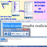 Ilustración en la que en la parte superior se pueden ver los pasos que hay que seguir para activar el teclado virtual que viene con el Windows 7: 1. Pulsar el icono Iniciar de Windows. 2. Escoger la opción de la lista que abre todos los programas. 3. Seleccionar la carpeta Accesorios. 4. Seleccionar la carpeta Accesibilidad. 5. Desplegar la carpeta Accesibilidad  con un doble click. 6. Seleccionar la aplicación "Lupa". En la parte inferior de la imagen se ve la ventana de la aplicación "Bloc de Notas" con el texto "Esta es una prueba realizada con la lupa activada" del cual está seleccionado "Esta es una". Sobre la aplicación del bloc de notas se ve la ventana de la aplicación de la Lupa configurada para hacer un zoom de un 400%. En la parte central de la imagen se ve el efecto de la lupa sobre el lugar sobre el que se encuentra el cursor en este momento, que es el bloc de notas y la propia ventana de aplicación de la lupa. Se puede observar la diferencia de tamaño del 400%.