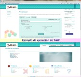 Ilustración que muestra un ejemplo de ejecución de la herramienta TAW de evaluación de la accesibilidad de páginas Web. Consta de dos copias de pantalla de dicha herramienta separadas verticalmente por el texto "Ejemplo de ejecución de TAW". La copia de pantalla situada en la parte superior muestra la URL a evaluar dentro del recuadro de texto bajo la etiqueta "Documento a analizar" situado en la ficha de título WCAG 2.0  de la parte central de la página. La copia de pantalla situada en la parte inferior muestra el resultado de la evaluación realizado por la herramienta. Dicho resultado se muestra en tres bloques diferenciados mediante unos iconos. El icono con una cruz indica los problemas encontrados en los criterios de éxito asociados a cada uno de los 4 principios. El icono con  forma de admiración muestra las advertencias relacionadas con criterios de éxito asociados a cada uno de los 4 principios y el icono con un interrogante indica aquellos criterios de éxito asociados a cada uno de los 4 principios que no han sido verificados.