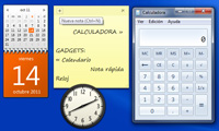 Ilstración con la captura de pantalla del escritorio donde se muestran 3 Gadgets: A la izquierda el calendario.,En el centro en la parte superior, una nota rápida.,En el centro en la parte inferior, un reloj analógico.También se muestra la ventana de aplicación de la calculadora  a la derecha de la imagen.