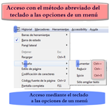 Ilustración que muestra un rectángulo de esquinas redondeadas de color rosa fuerte en la parte superior con el texto: Acceso con el método abreviado del teclado a las opciones del menú.