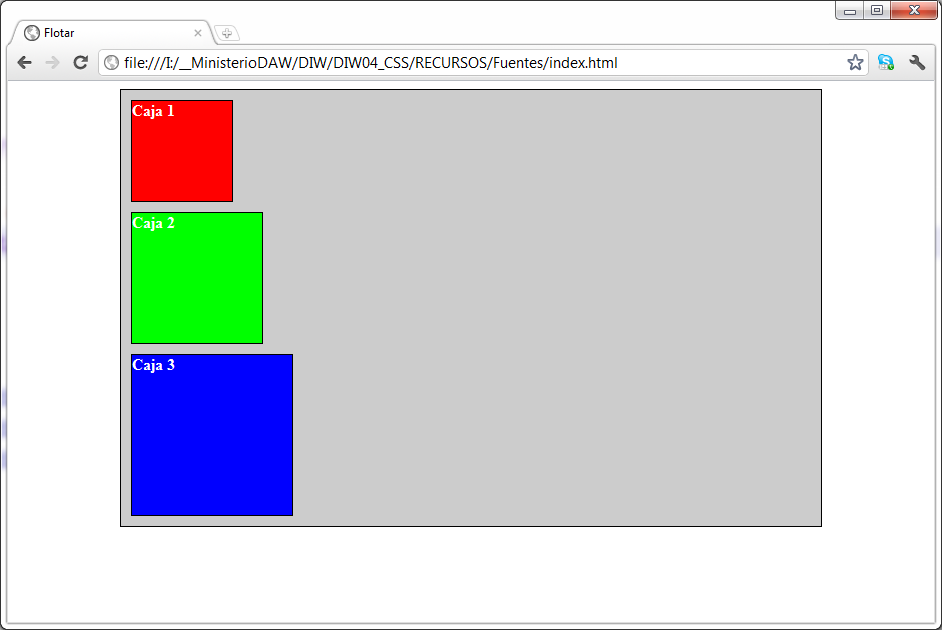 Con estilos CSS. Ilustración en la que se puede ver un navegador con una página web mostrando tres cajas de texto, con los colores de fonfo rojo, verde, azul y el texto blanco, una debajo de la otra.