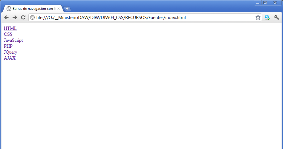 Con estilos CSS Ilustración en la que se puede ver un navegador con una página web mostrando una lista de seis elementos de tipo enlace, con el tipo de lista cambiado a none.