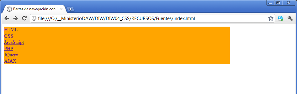 Con fondo naranja Ilustración en la que se puede ver un navegador con una página web mostrando una lista de seis elementos de tipo enlace, sin atribitos de lista y con fondo naranja.