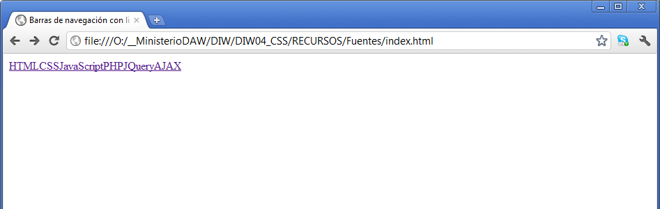 En horizontal Ilustración en la que se puede ver un navegador con una página web mostrando una lista de seis elementos de tipo enlace, sin color de fondo ni tipo de lista y en horizontal.