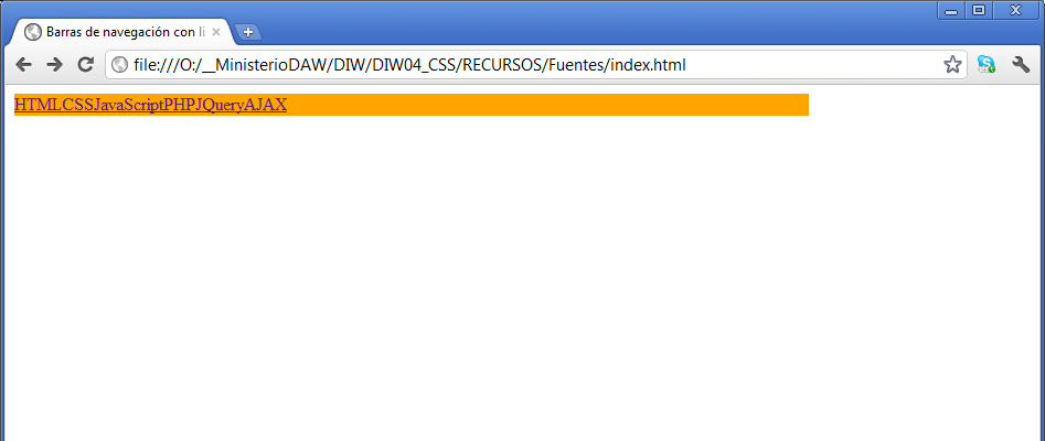 En horizontal con fondo Ilustración en la que se puede ver un navegador con una página web mostrando una lista de seis elementos de tipo enlace, sin color de fondo ni tipo de lista y en horizontal con fondo naranja.