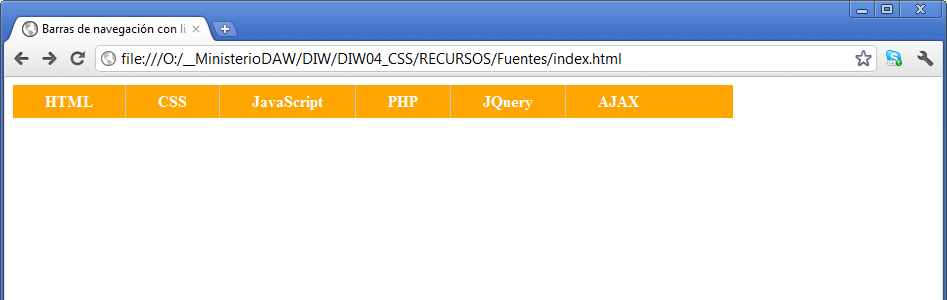 Con la nueva clase Ilustración en la que se ve una lista de seis elementos de navegación en horizontal con una caja naranja, texto blanco y separación.