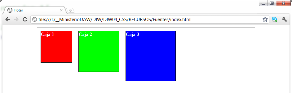 Ilustración en la que se puede ver un navegador con una página web mostrando tres cajas de texto, con los colores de fonfo rojo, verde, azul y el texto blanco, todas las cajas flotando a la izquierda.
