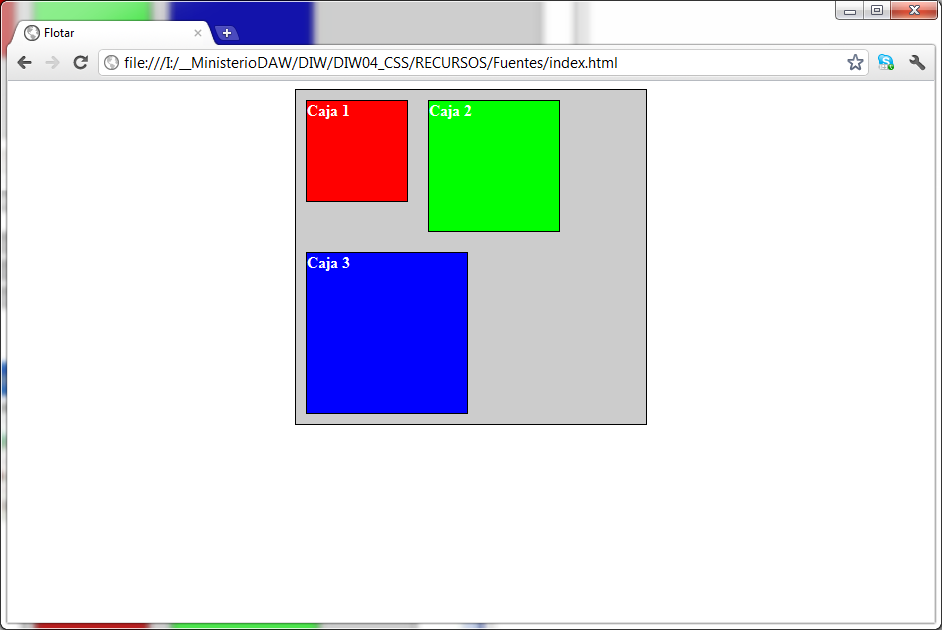 Ilustración en la que se puede ver un navegador con una página web mostrando tres cajas de texto, con los colores de fonfo rojo, verde, azul y el texto blanco, todas las cajas flotando en un contenedor estrecho.