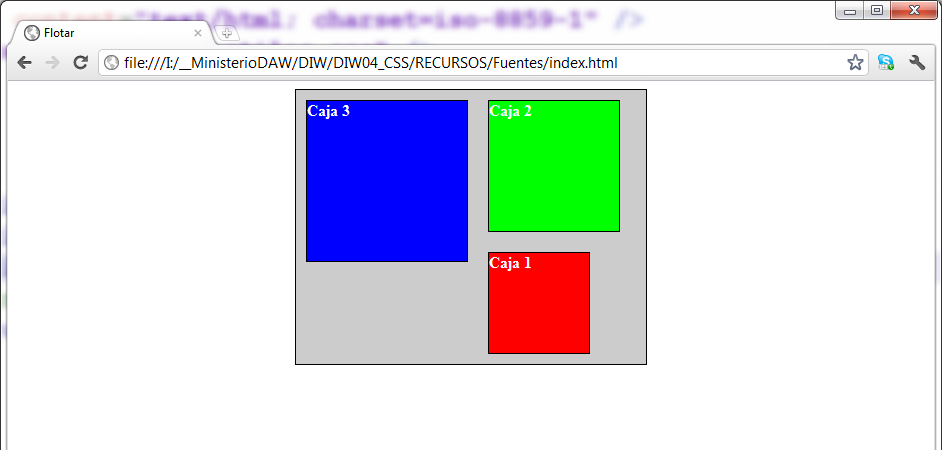 Ilustración en la que se puede ver un navegador con una página web mostrando tres cajas de texto, con los colores de fonfo rojo, verde, azul y el texto blanco, todas las cajas flotando en un contenedor.