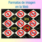 Ilustración formada por una serie de rombos distribuidos en filas de 3 rombos claros y 2 rombos oscuros alternados que contienen los textos: ai, cdr, cxf, gif, jpg, odg, svg, wmf, png, bmp, tif, psd, psp.Sobre casi todos ellos hay una señal de prohibido a excepción de gif, jpg y png.