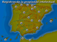 Ilustración de un mapa de la Península Ibérica con los registros de Propiedad intelectual señalados en el mapa mediante círculos blancos con una o en su interior.