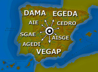 Ilustración de un mapa de la Península Ibérica con los nombres de las entidades de Gestión Colectiva en su interior. Leídos de arriba  a abajo y de izquierda a derecha son: DAMA y EGEDA, AIE y CEDRO, SGAE, AISGE, AGEDI y VEGAP. En el centro se ve un gran círculo blanco que contiene una o y del que salen flechas que apuntan a cada nombre.