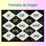 Ilustración formada por una serie de rombos distribuidos en filas de 3 rombos claros y 2 rombos oscuros alternados que contienen los textos: ai, cdr, cxf, gif, jpg, odg, svg, wmf, png, bmp, tif, psd, psp.