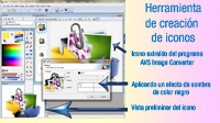 Ilustración con una composición realizada con capturas de pantalla que muestran la ejecución de un programa que sirve para crear iconos cuyo nombre “IcoFx” figura en la primera línea en la esquina superior izquierda. En la imagen se muestran varias ventanas algunas solapadas correspondientes a los paneles de las herramientas del programa. Estos paneles de izquierda a derecha y de arriba a abajo son:  Explorer, Untitled – 1, Colors, Tools, Shadow, Preview. A la derecha de la imagen, debajo del título “Herramienta de creación de iconos”, hay una serie de textos que apuntan a distintos paneles de la parte izquierda. Leídos de arriba  a abajo son: “Icono extraído del programa AVS Image Converter”. Este texto apunta a la zona central del panel Untitled -1 que contiene un icono donde se pueden observar varias fotos rodeadas por dos flechas y agarradas por un clip. “Aplicando un efecto de sombra de color negro”. Este texto apunta al panel Shadow que muestra en su lado izquierdo el efecto de poner una sombra orientada a la parte superior izquierda del icono en una recuadro de vista previa y, en su lado derecho muestra el color elegido para la sombra, el tamaño, la opacidad y la colocación de la misma respecto de la imagen. “Vista preliminar del icono”. Este texto apunta al panel Preview situado en la esquina inferior izquierda de la imagen que muestra una vista previa del icono mostrado en el panel Untitled – 1.
