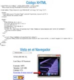 Ilsutración compuesta de dos partes diferenciadas por su título. En la parte superior de la imagen, bajo el título “Código HTML” se encuentran unas líneas de código siguiendo la sintaxis del XHTML.