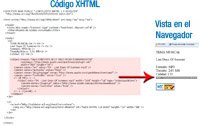 Ilustración compuesta de dos partes diferenciadas por su título. En la parte superior de la imagen, bajo el título “Código HTML” se encuentran unas líneas de código siguiendo la sintaxis del XHTML.