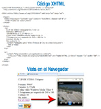 Ilustración compuesta de dos partes diferenciadas por su título. En la parte superior de la imagen, bajo el título “Código HTML” se encuentran unas líneas de código siguiendo la sintaxis del XHTML.