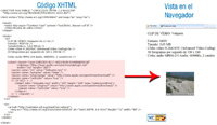 Ilustración compuesta de dos partes diferenciadas por su título. En la parte superior de la imagen, bajo el título “Código HTML” se encuentran unas líneas de código siguiendo la sintaxis del XHTML.