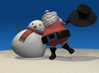 Animación. Ilustración en la que se muestra un dibujo de un muñeco de nieve inclinado hacia la derecha y una representación del personaje de “Papá Noel” inclinado hacia la izquierda apoyado sobre su pie derecho y sosteniendo con su brazo izquierdo un sombrero de copa.