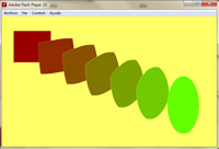 Ilustración que muestra simultáneamente diferentes momentos de una interpolación de forma. El primer objeto es un rectángulo de color granate situado en la esquina superior izquierda del escenario y se va transformando de forma gradual en una elipse de color verde que se sitúa un la esquina inferior derecha del escenario. Representa el cambio gradual de forma, color y posición de un objeto a través de una trayectoria rectilínea.