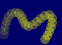 Ilustración que muestra simultáneamente diferentes momentos de una interpolación de movimiento. Cada círculo de color amarillo representa un fotograma y la raya amarilla que une todos los centros de los círculos describe la trauectoria realizada por él.