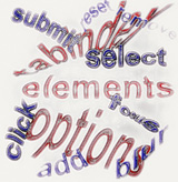 Ilustración que muestra de manera deforme, con diferentes tamaños y grados de inclinación, algunos nombres de propiedades: tabindex, elements y options y algunos nombres de métodos: submit, reset, remove, select, click, focus, add y blur que existen en los elementos de un documento.