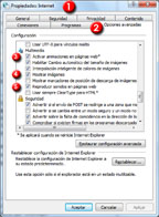 Ilustración que muestra una captura de pantalla del cuadro de diálogo Propiedades: Internet marcado con un número 1 en color blanco sobre un círculo de color rojo, cuando está activada la ficha Opciones avanzadas marcada con un número 2 en color blanco sobre un círculo de color rojo.