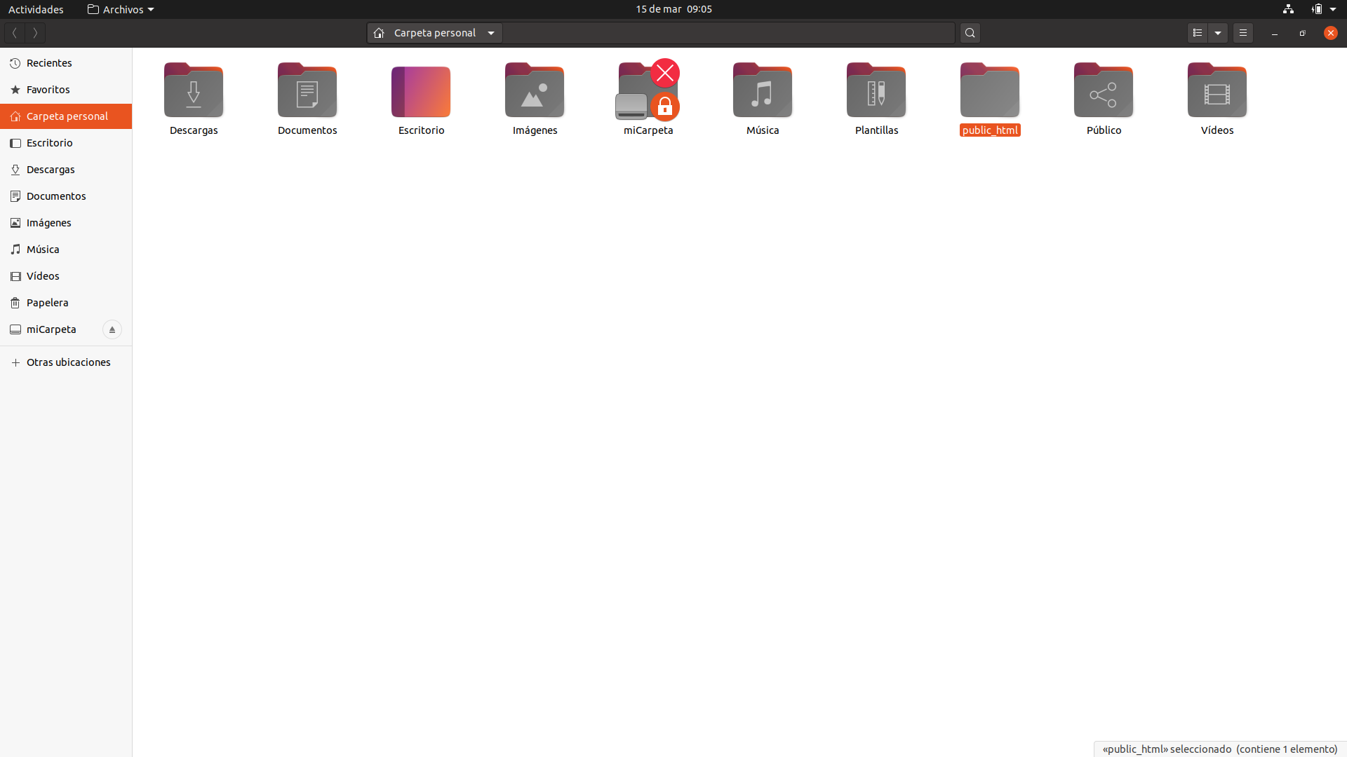 Directorio Home del usuario Imagen del navegador de archivos de ubuntu mostrando el directorio del usuario con la carpeta public_html creado