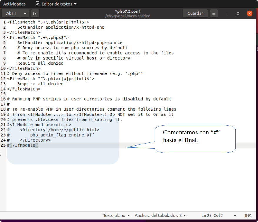 Imagen del contenido del archivo php7.3.conf y un bocadillo diciendonos las lineas que tenemos que cometar