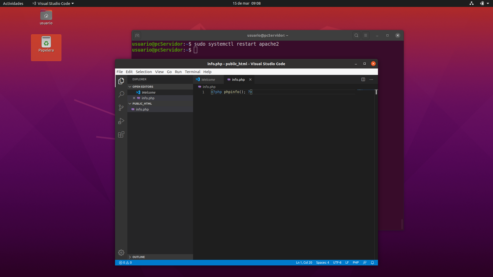 Imagen que muestra Visual Studio Code con un tema oscuro con el contenido del archivo info.php abierto