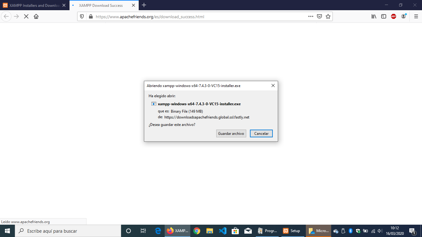 Imagen donde se muestra en un fondo blanco una caja de dialogo solicitandonos si guardar el ejecutable de Xampp o cancelar